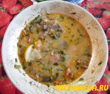 Солянка сборная с копчеными ребрышками и шампиньонами