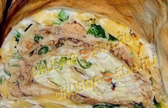 Закусочный рулет из лаваша и консервов